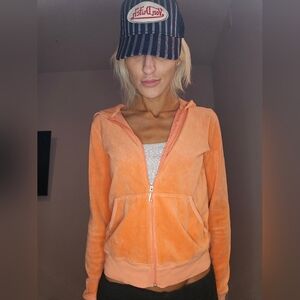 Vintage Juicy Couture Sherbet Orange Velour Hoodie ( Gold and blue lettering on)
